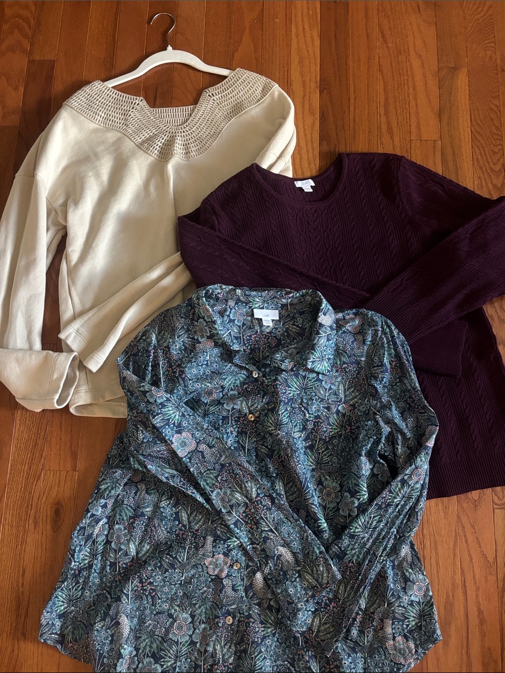 3-Piece Women's Sweater & Blouse Set - Cream, Maroon & Floral Blue